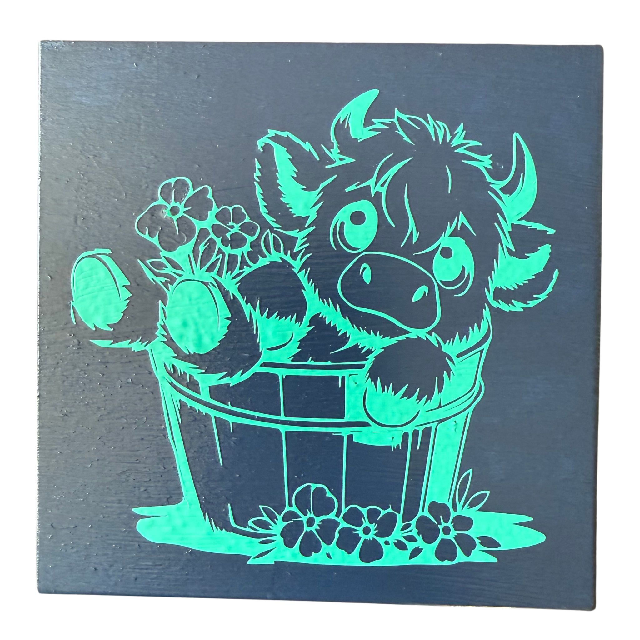 Highland Cow in Bucket of Flower Sign