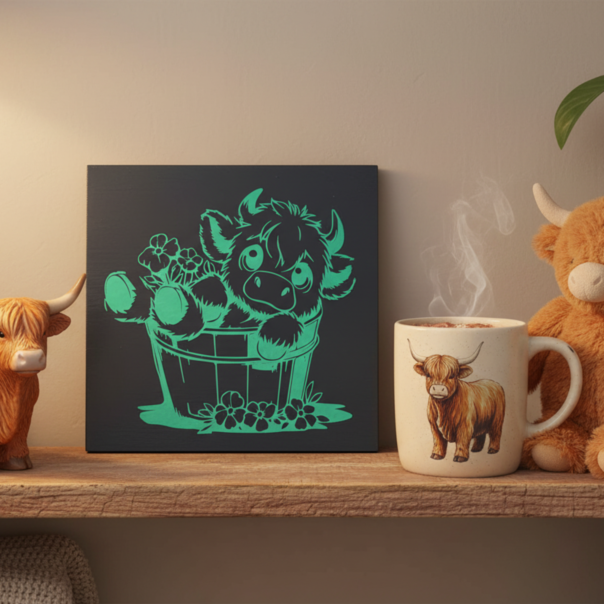 Highland Cow in Bucket of Flower Sign
