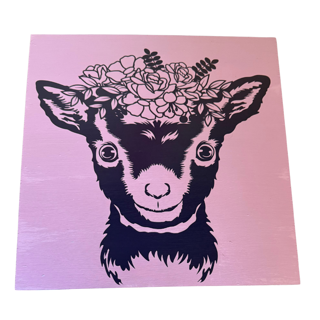 Cute Baby Goat with Flowers Sign
