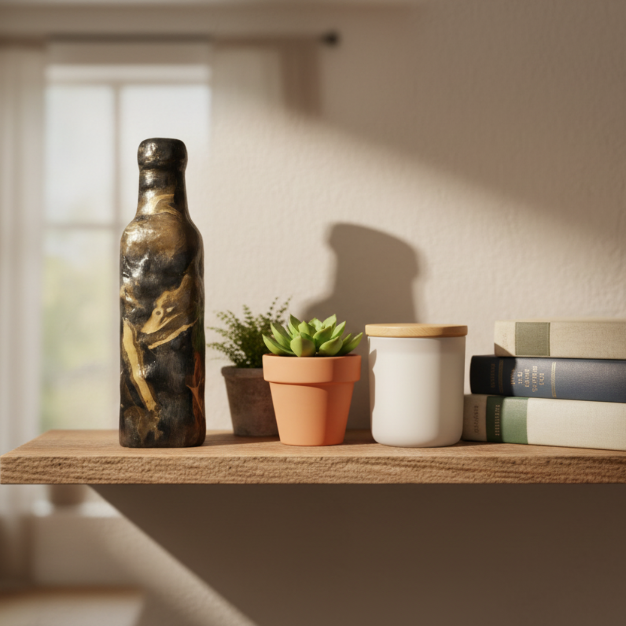 Marbled Black and Gold Decorative Clay Bottle