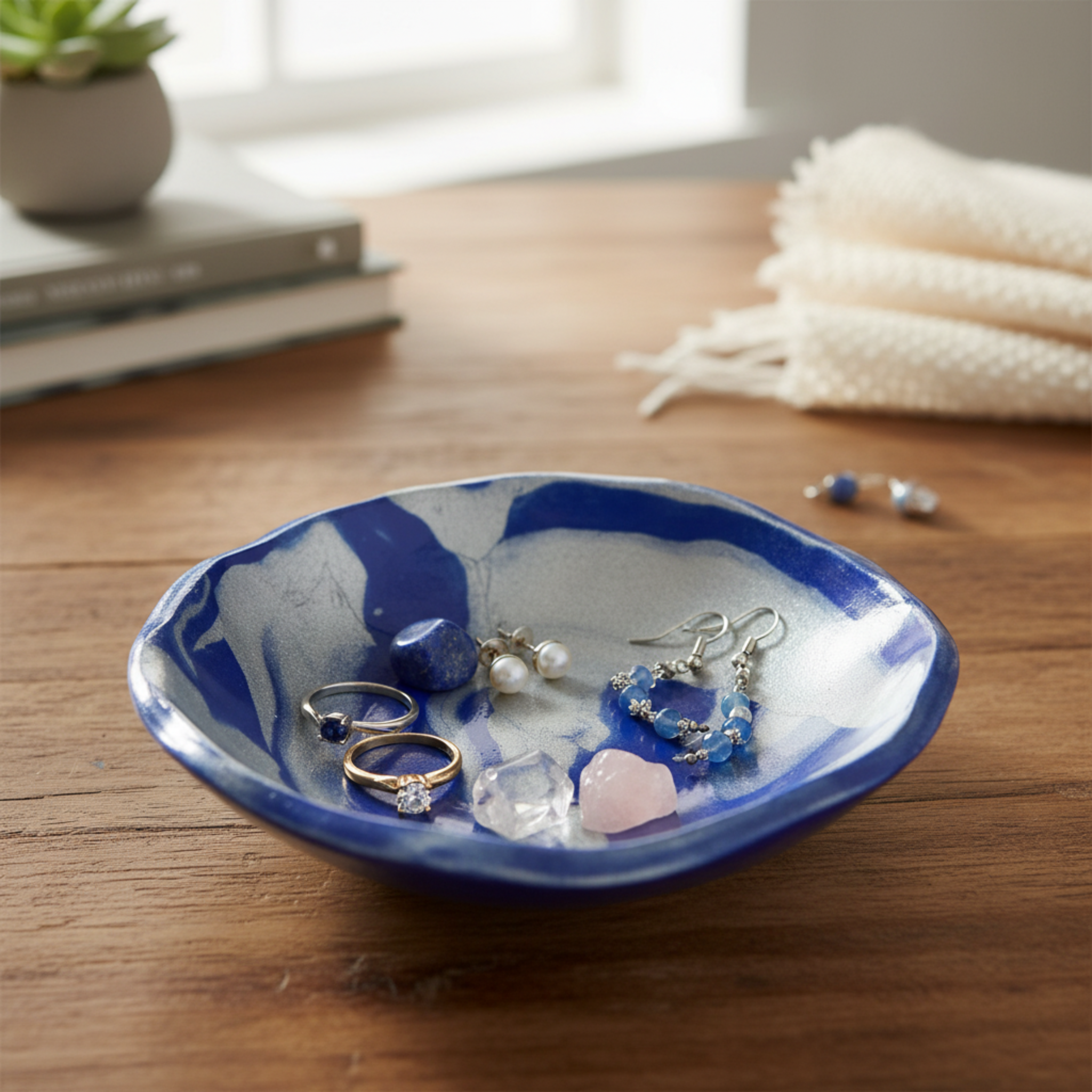 Silver, White and Blue Jewelry Dish
