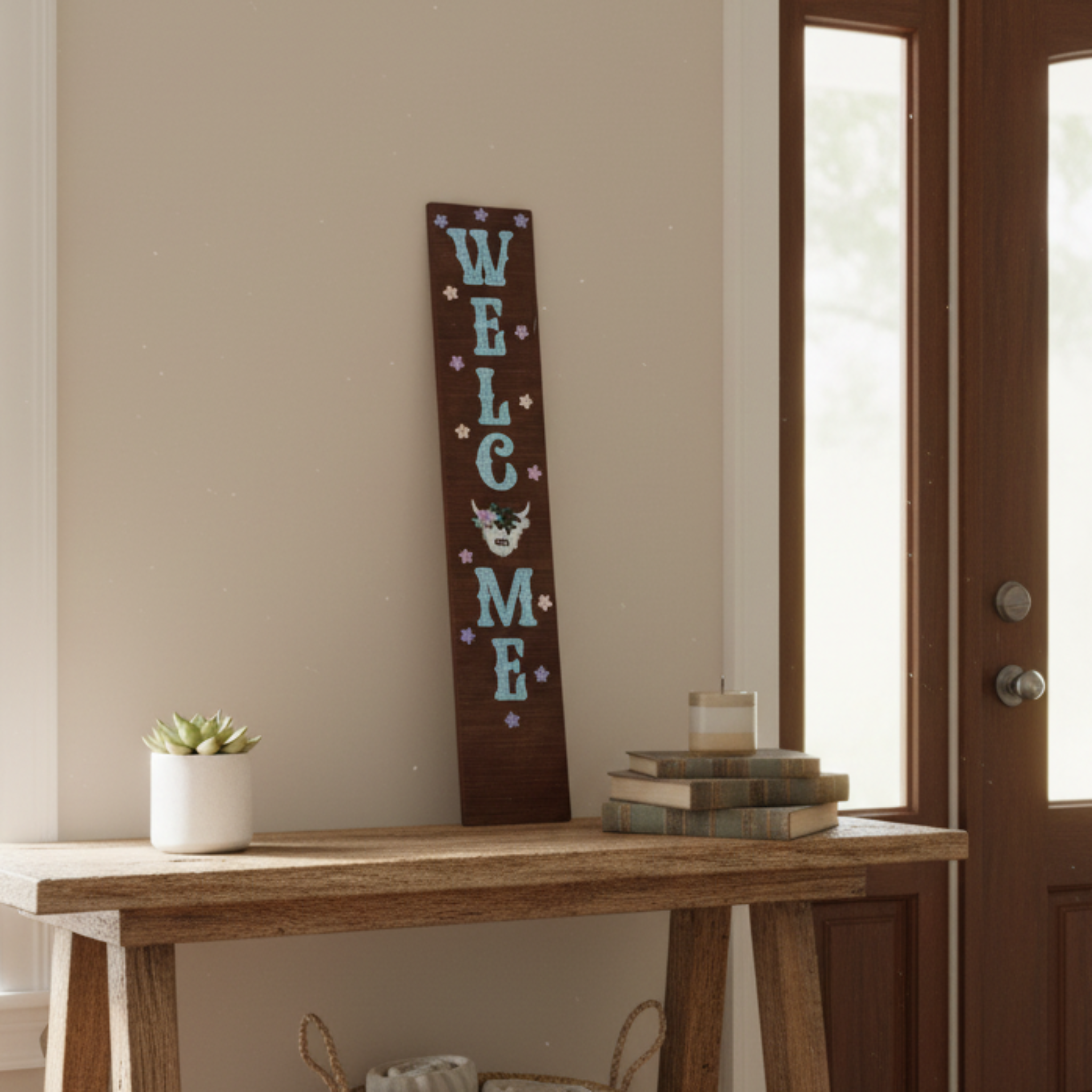 Highland Cow and Flowers Welcome Sign